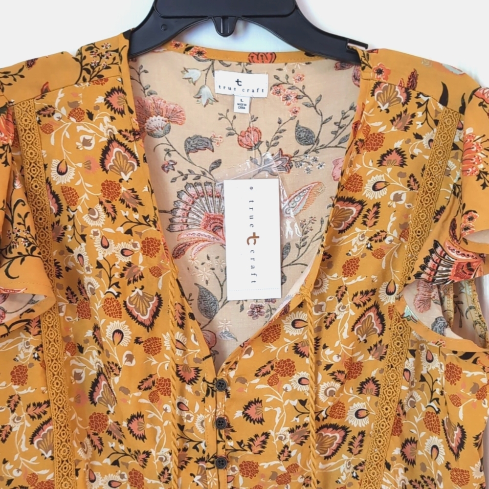 True Craft Flutter Sleeve Saffron Floral Top. Size Large $48. Boho - Picture 10 of 16